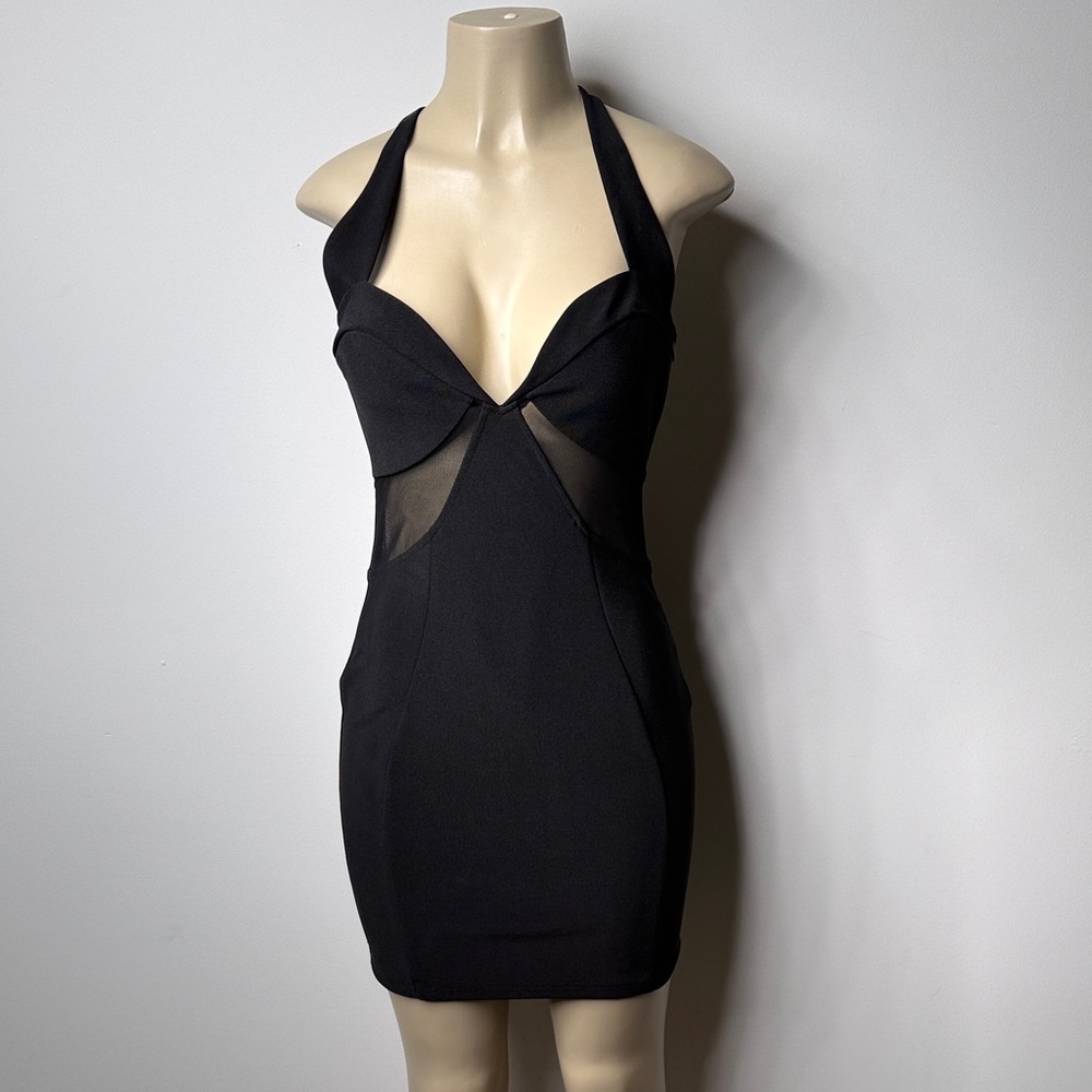 Tobi Black Halter Mini Dress with Sheer Side Panels